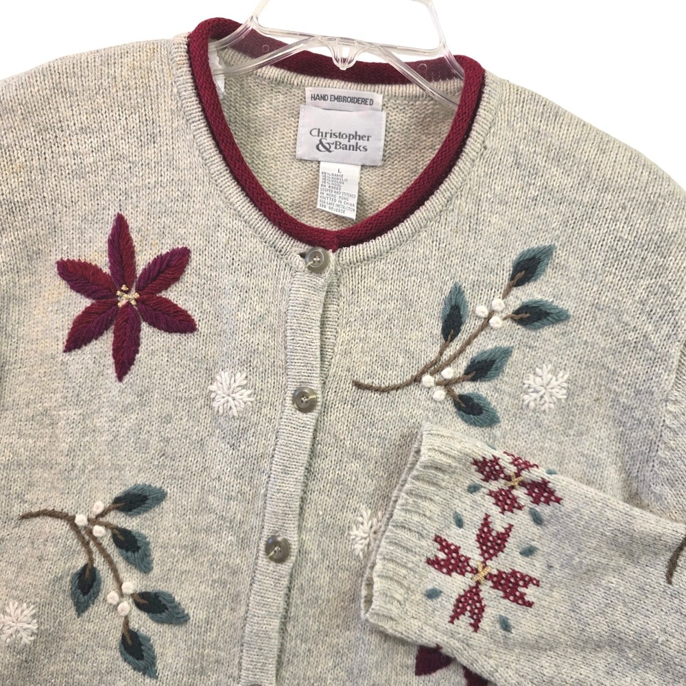 Christopher & Banks Vintage Hand Embroidered Cardigan Sweater L Gray Floral Cozy - Picture 1 of 7